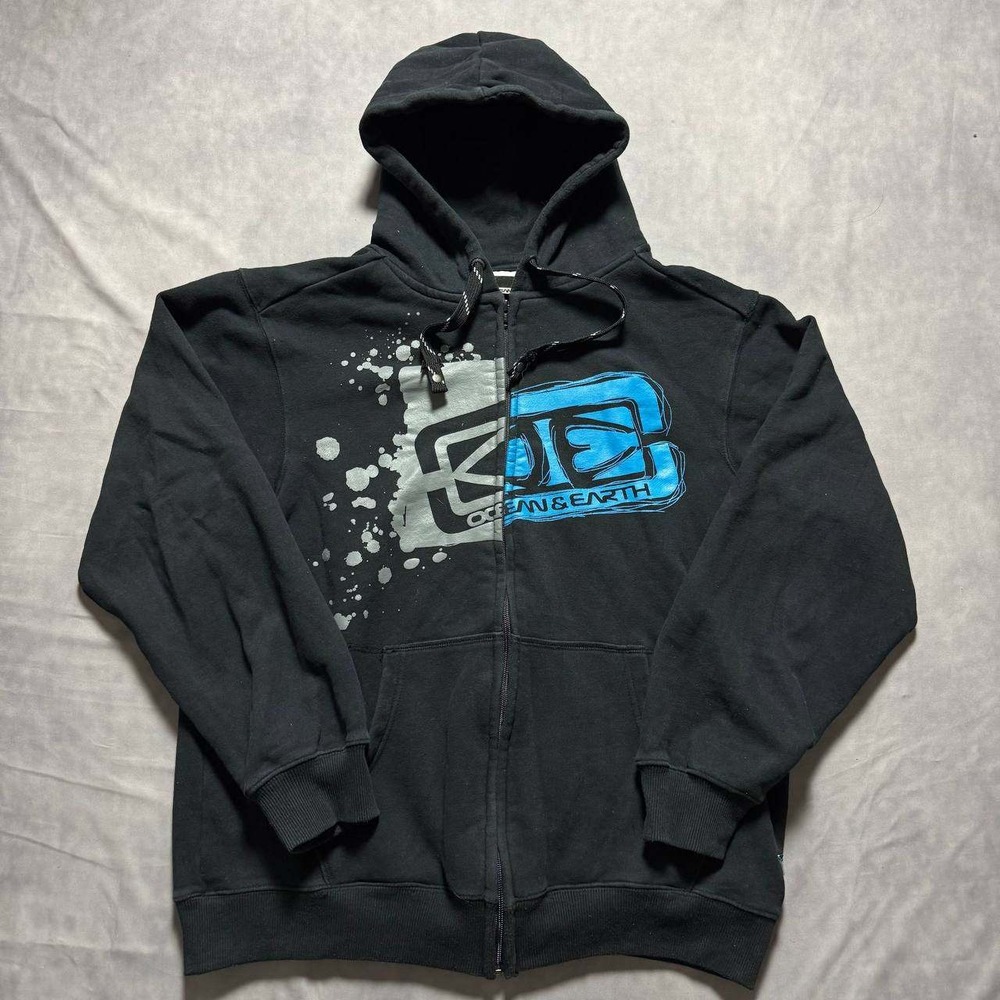 Ocean & Earth Mens Full Zip Hoodie Black Surf Graphic Sweatshirt Size L